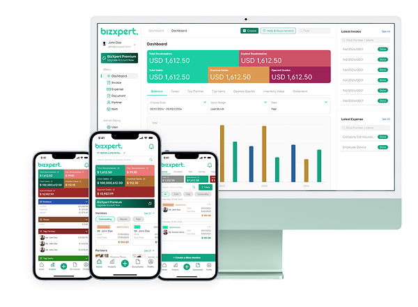 BizXpert dashboard and mobile app on multiple devices