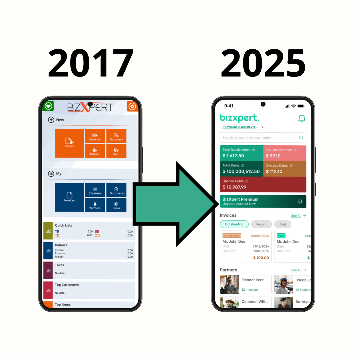 BizXpert app interface comparison: 2017 versus 2025